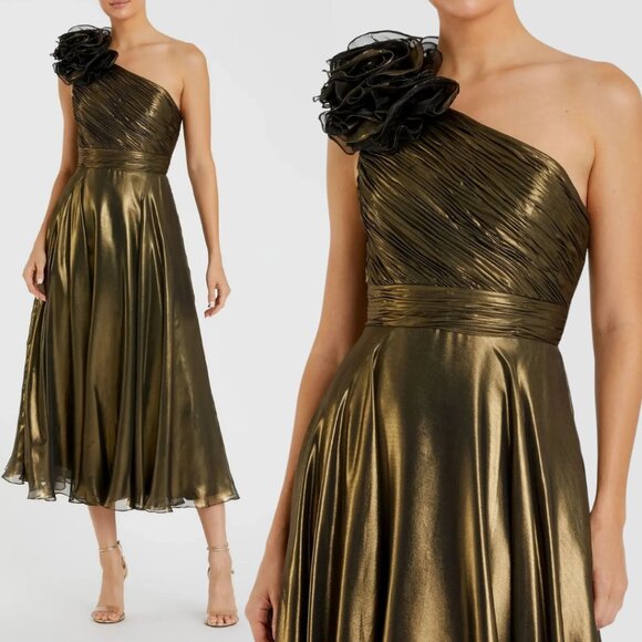 Mac Duggal 70173 Size 14 Antique Gold Rosette One Shoulder Tea Midi Length Dress - Picture 1 of 4